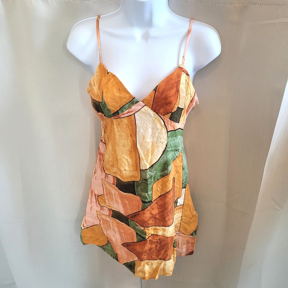 Abstract Womens Cami Mini Dress Small Geometric Print Side Slit Retro Art 21689
